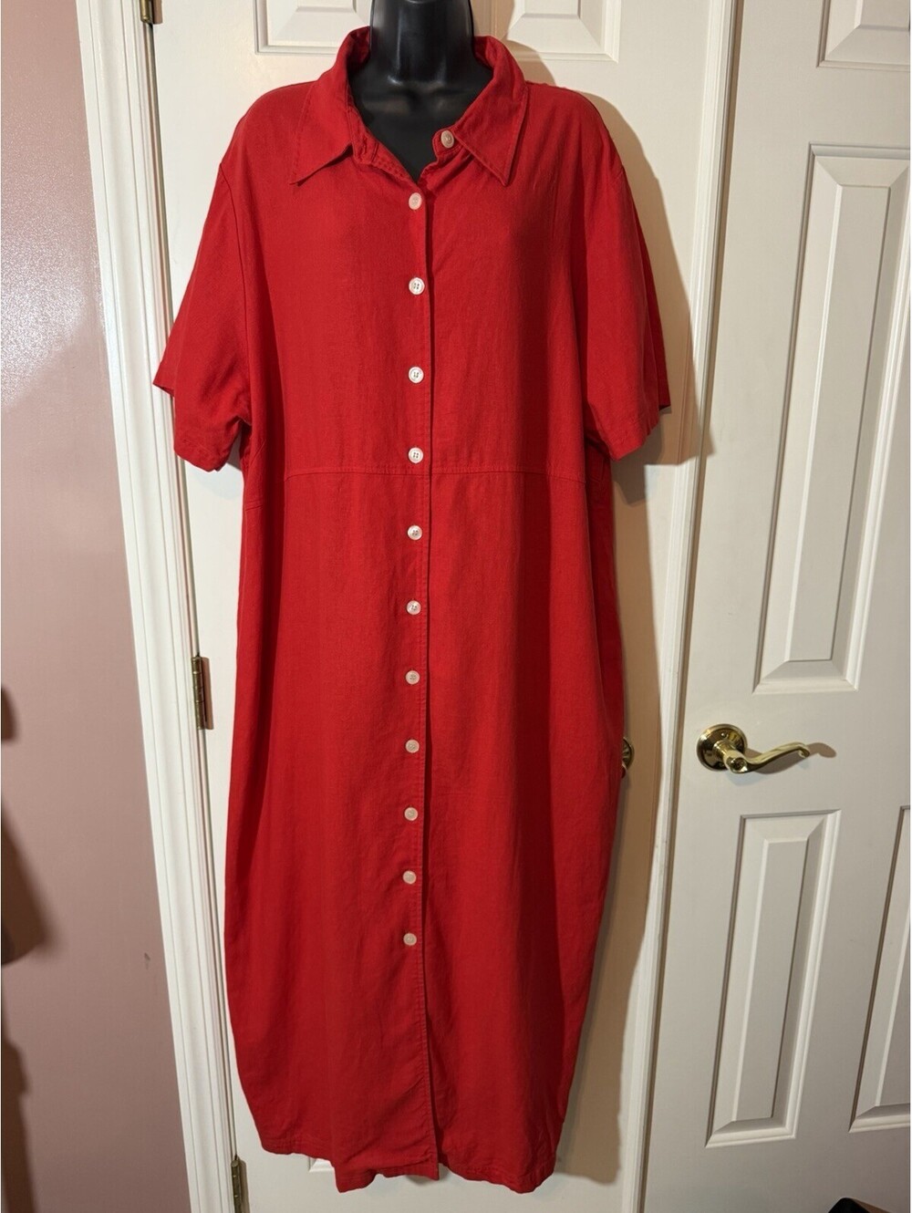 Expressions Plus Womens 2X Red Linen Blend Button Front Shirt Dress Midi